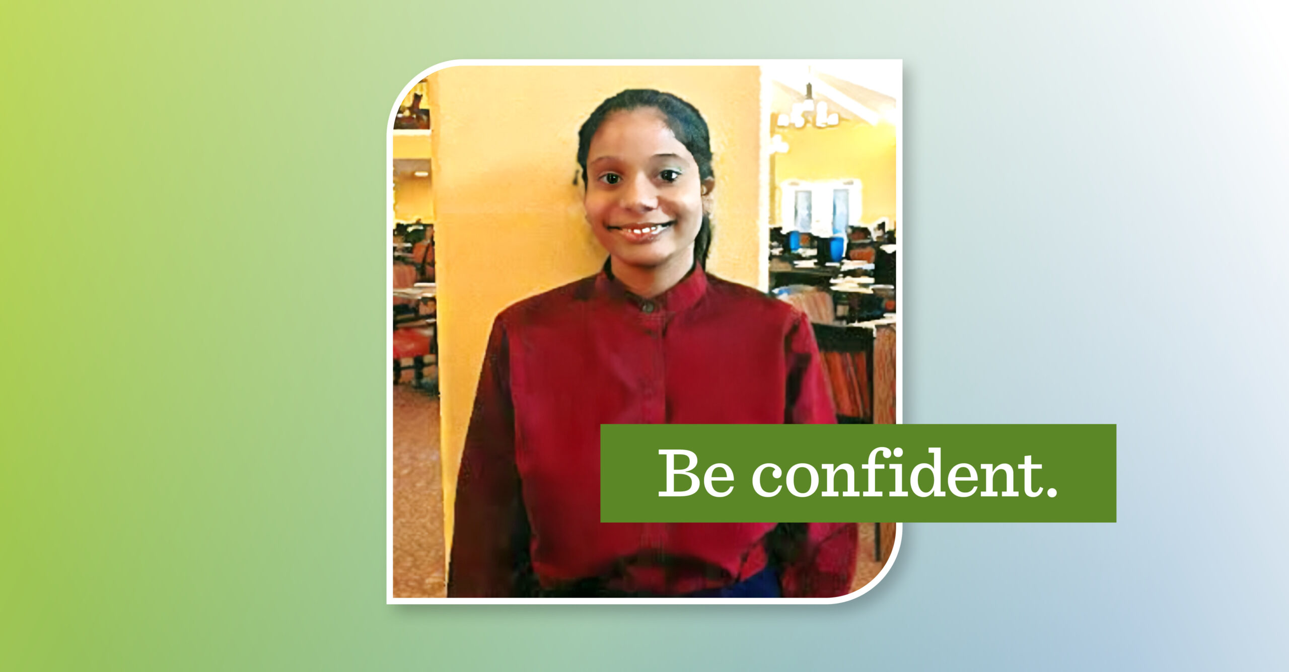 young woman smiling, wearing a red button up shirt. Overlay text reads 