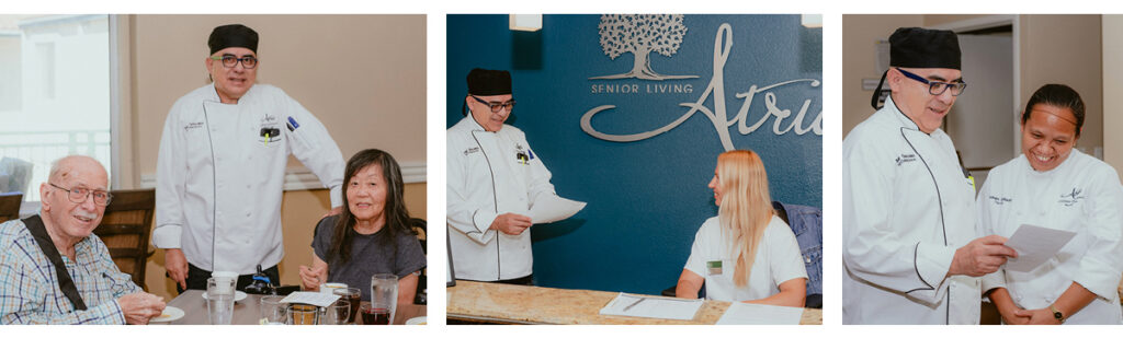 Three column photos of head chef with older adults and coworkers