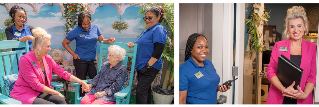 Two-paneled photo showing the Atria care staff with a resident; both sides feature Dorothy Obrycka