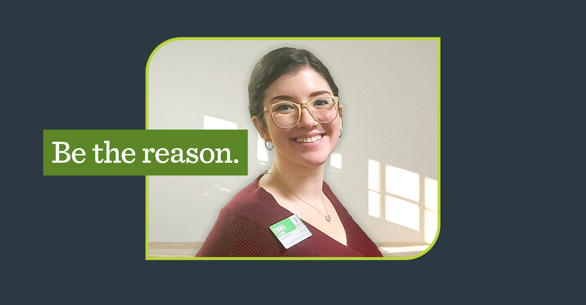 Smiling woman on a navy background and a green overlay that says, 