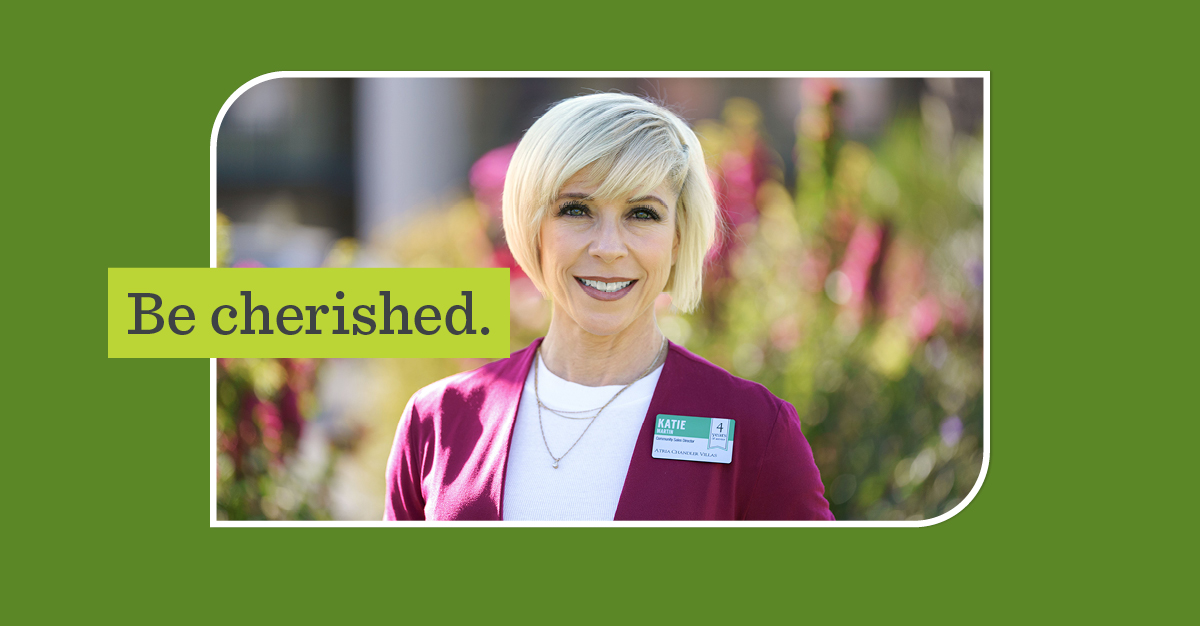 woman smiling wearing an Atria Senior Living name badge with overlay text that says: 