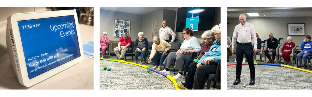 Triptych of events at Holiday Hartland Hills. The left image has a tablet showing Upcoming Events. The middle and right images have a group event going on, with residents in a semicircle.