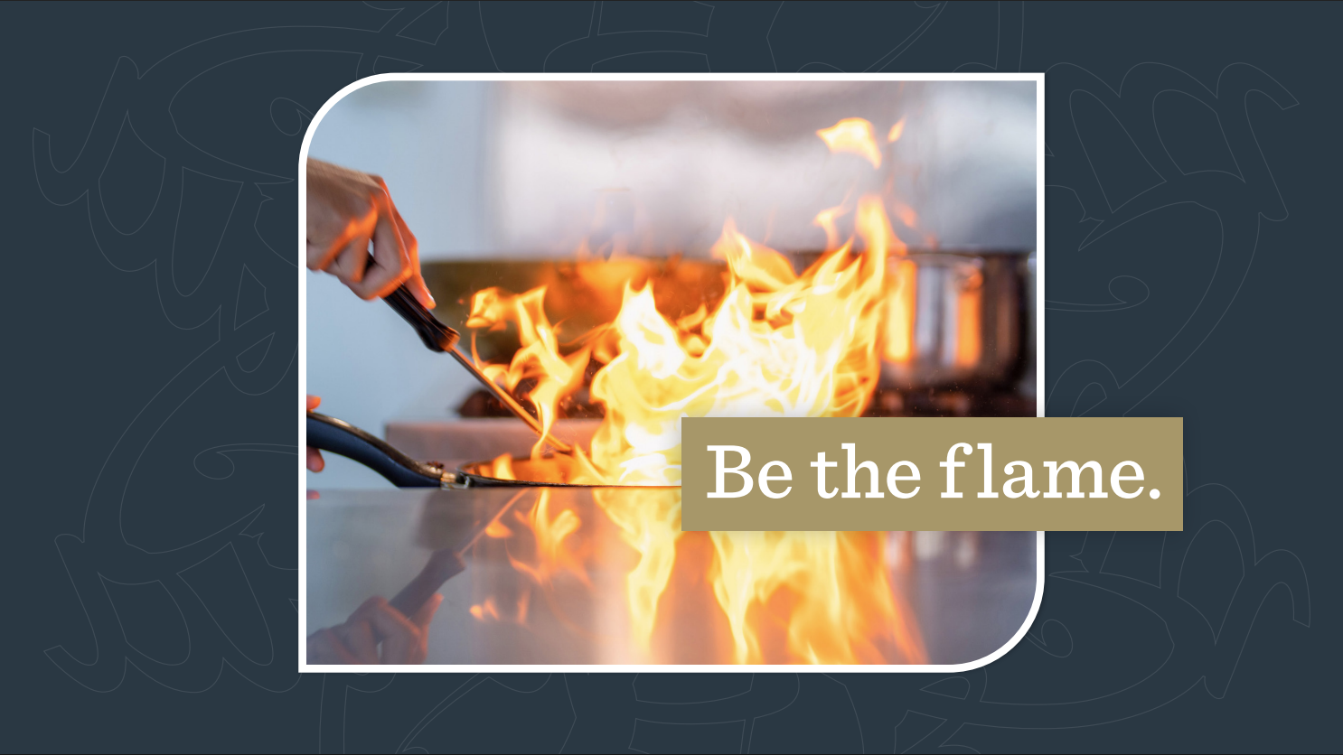 Frying pan over an open flame with a gold overlay that says 