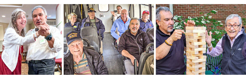 Three photos: people dancing, a group on a bus smiling, and two men playing a Jenga game outside.