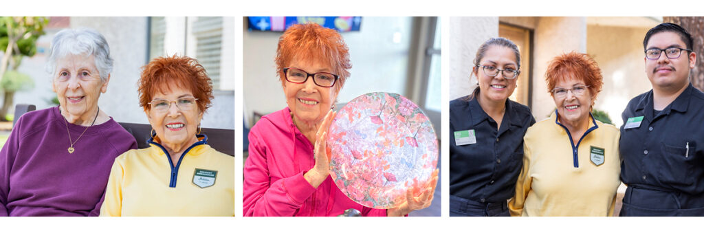Three images: the first is two older women, one with a Resident Ambassador badge. The second is a woman with red hair holding a floral glass plate. The third is two Atria employees on either side of a woman with a Resident Ambassador badge.