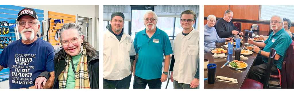 Triptych of Mark Bell with residents and employees