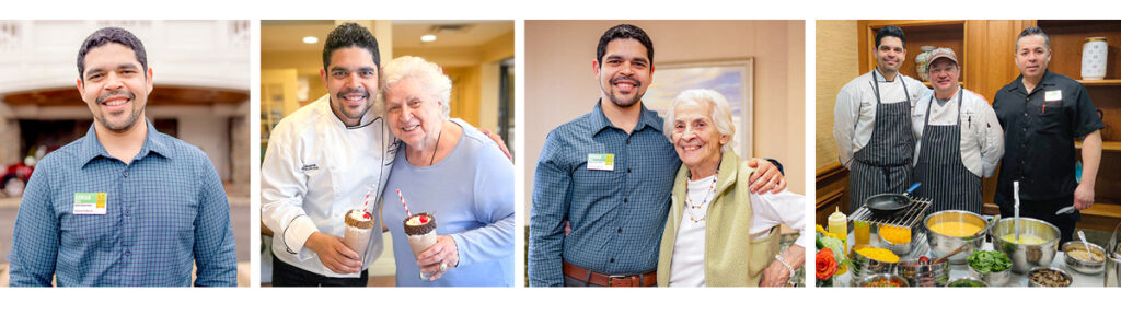 Four images of Adrian: posing alone; with an older woman, both holding milkshakes; posing with an older woman; with the culinary staff in front of an array of food and cooking utensils