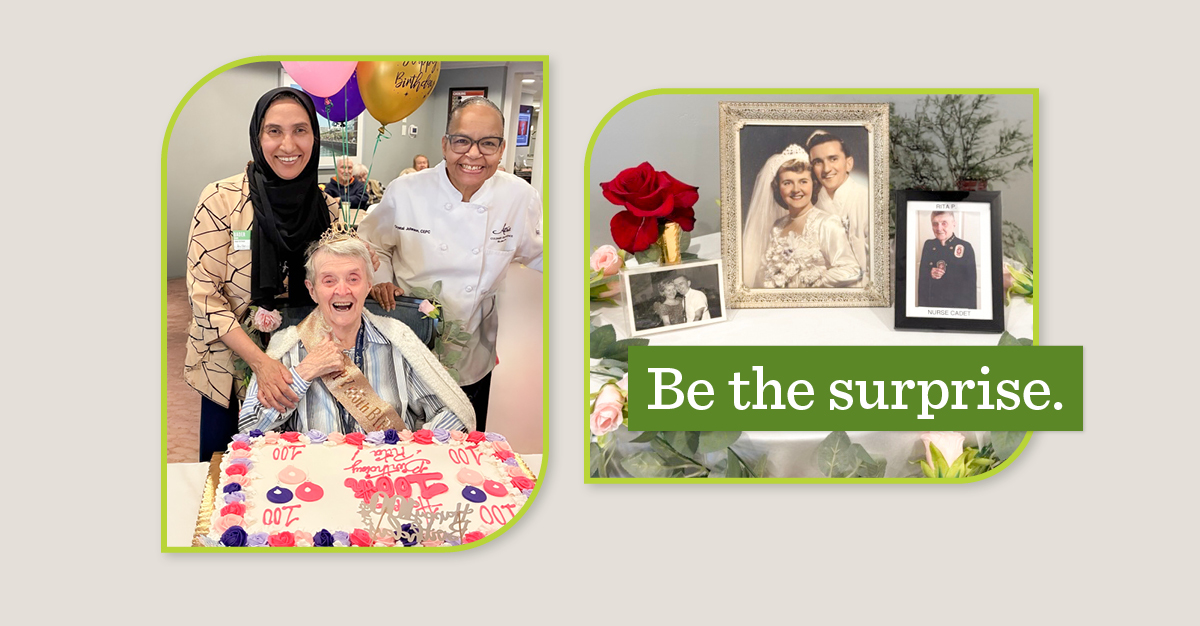Two images - on the left is an older woman, Rita, with two employees surrounded by Happy Birthday balloons. On the right are three old portraits and a green overlay that says, 