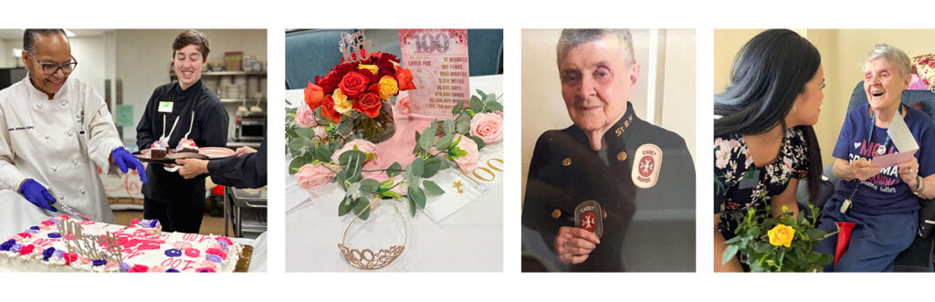 Four images showing a birthday cake being prepared, a table with flowers, a close-up of Rita in a Nurse Cadet uniform, and Rita opening a card with a family member.